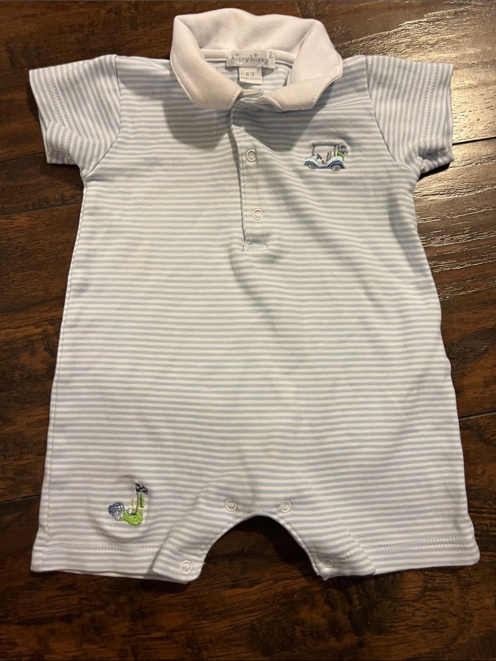 Kissy Kissy Blue & White Striped Polo Romper with Golf Embroidery